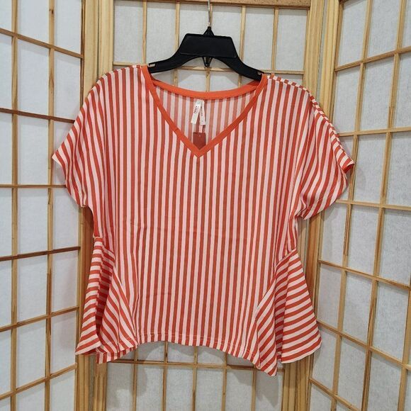 True Destiny Womens Striped Orange White Blouse Size L NWT - Picture 1 of 11